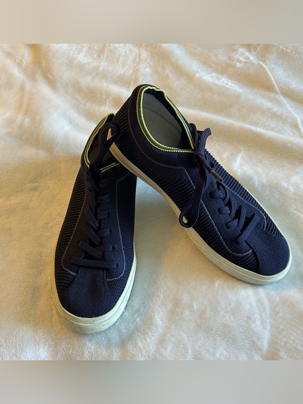 Rothy’s The Lace Up knit navy blue with green and yellow trim sneakers size 7